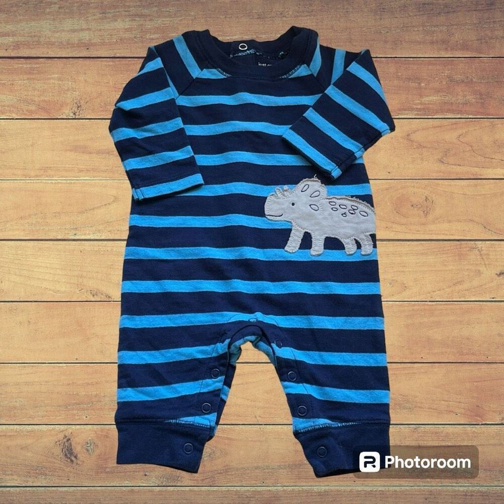 Just One You Boys Blue Striped With Dinosaur One Piece   Sz 3m   EUC